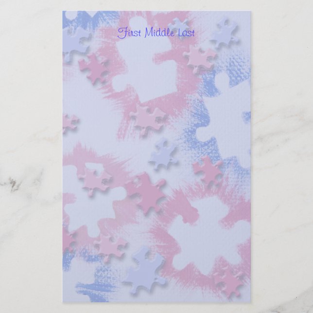 Rough Brushed Pink Blue Puzzle Pieces Personalised Stationery (Front)