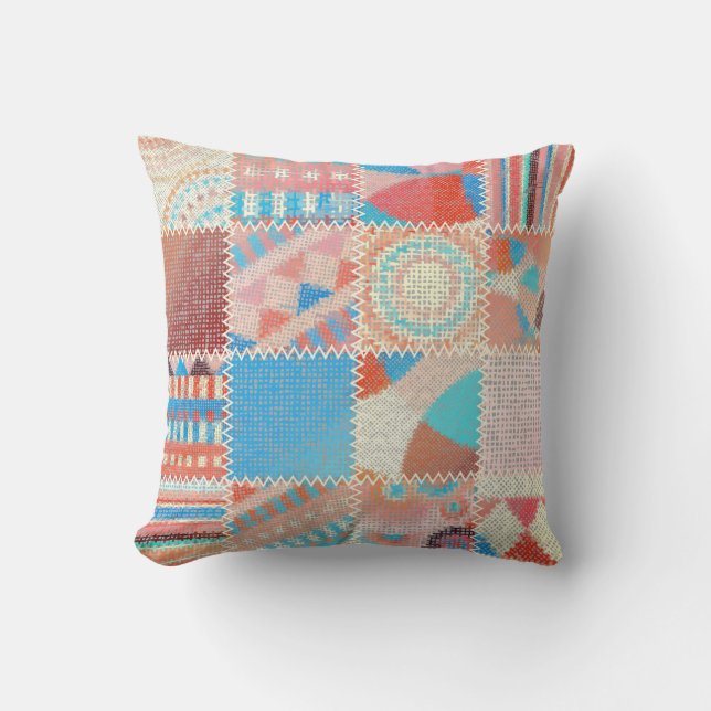 Rough Canvas Patchwork: Textured Vintage Pattern Cushion (Front)