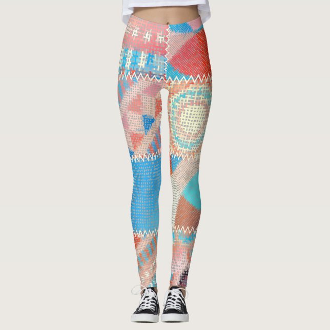 Rough Canvas Patchwork: Textured Vintage Pattern Leggings (Front)
