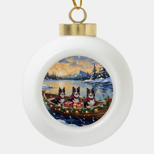 Rough Collie Christmas Boat Holiday Ceramic Ball Christmas Ornament (Front)