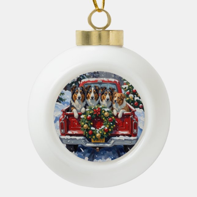 Rough Collie Christmas Red Truck Holiday Ceramic Ball Christmas Ornament (Front)