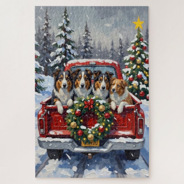 Rough Collie Christmas Red Truck Holiday Jigsaw Puzzle (Vertical)