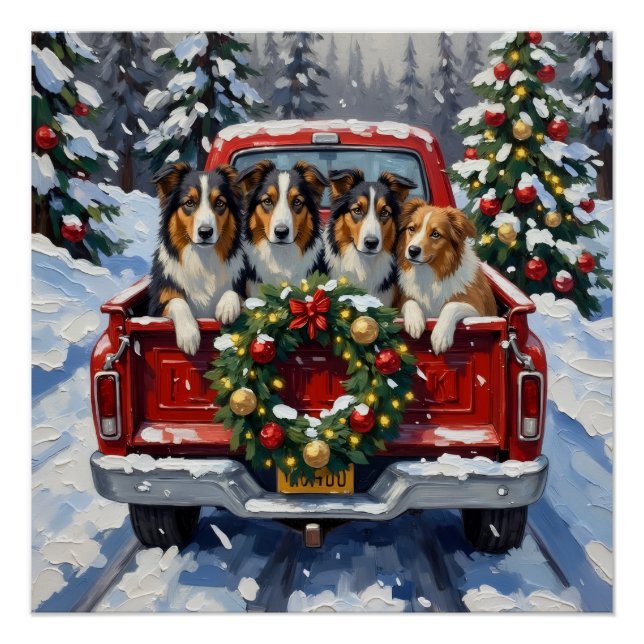 Rough Collie Christmas Red Truck Holiday Poster (Front)