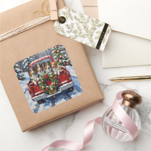 Rough Collie Christmas Red Truck Holiday Square Sticker