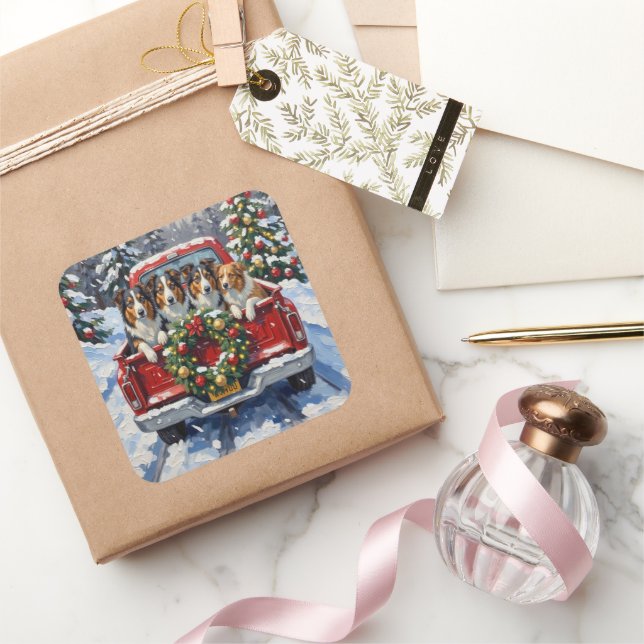 Rough Collie Christmas Red Truck Holiday Square Sticker (Gifting)