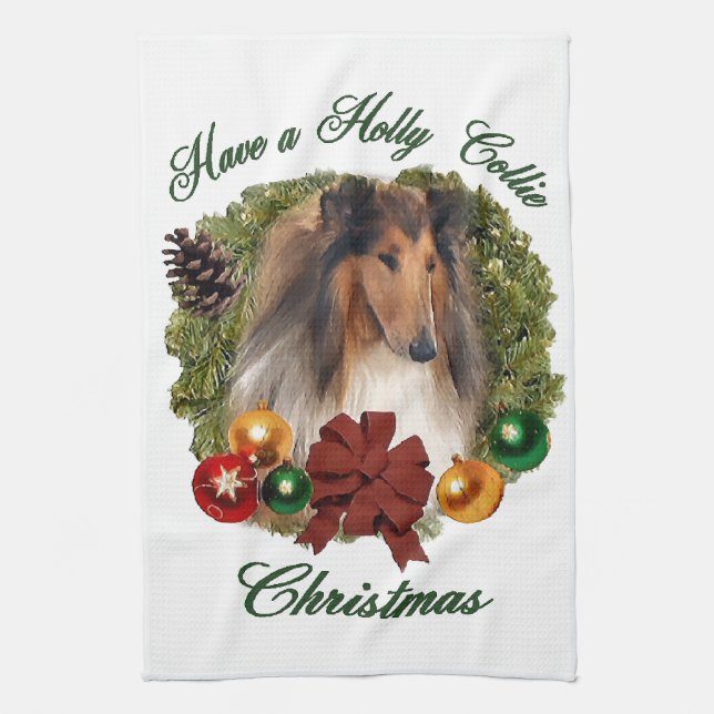 Rough Collie Christmas Tea Towel (Vertical)