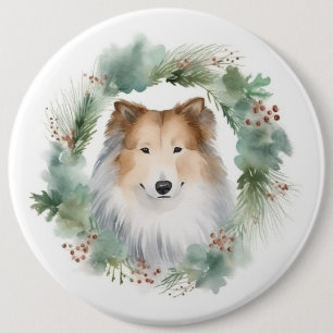 Rough Collie Christmas Wreath Festive Pup 6 Cm Round Badge
