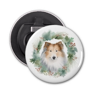Rough Collie Christmas Wreath Festive Pup  Bottle Opener