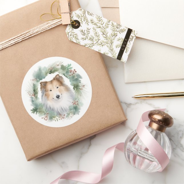 Rough Collie Christmas Wreath Festive Pup  Classic Round Sticker (Gifting)