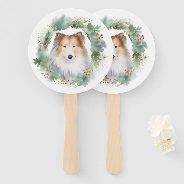 Rough Collie Christmas Wreath Festive Pup  Hand Fan (Front and Back)