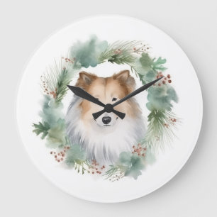 Rough Collie Christmas Wreath Festive Pup Large Clock
