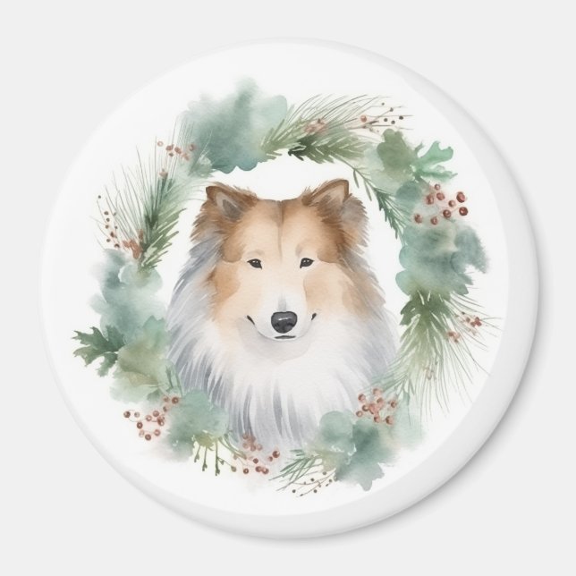 Rough Collie Christmas Wreath Festive Pup  Magnet (Front)