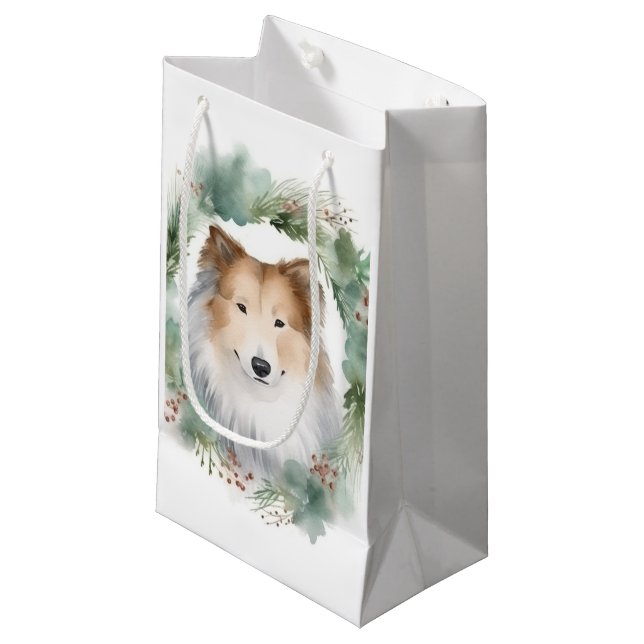Rough Collie Christmas Wreath Festive Pup  Small Gift Bag (Front Angled)