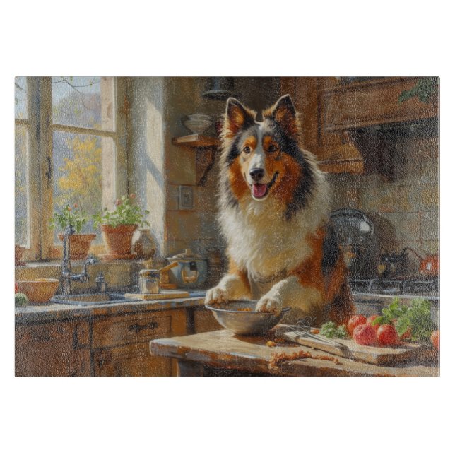 Rough Collie Cooking in Kitchen Cutting Board (Front)