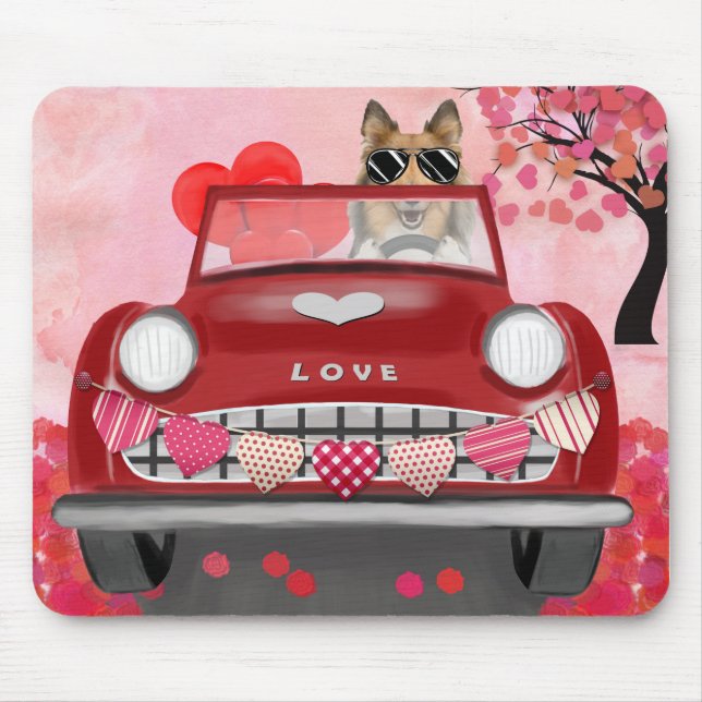 Rough Collie Dog Car with Hearts Valentine's  Mouse Pad (Front)