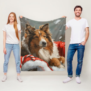 Rough Collie Dog Christmas Festive Fleece Blanket