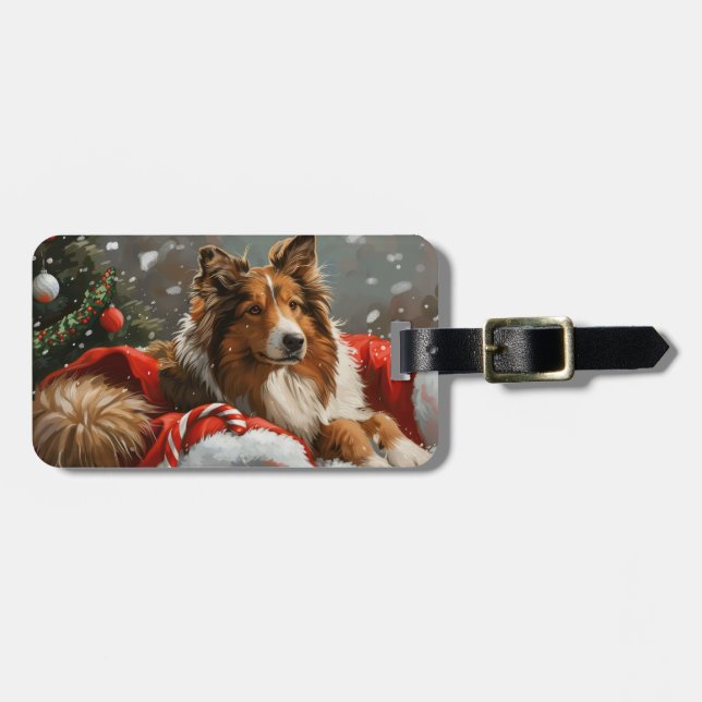 Rough Collie Dog Christmas Festive Luggage Tag (Front Horizontal)
