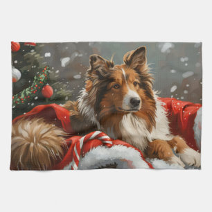 Rough Collie Dog Christmas Festive Tea Towel