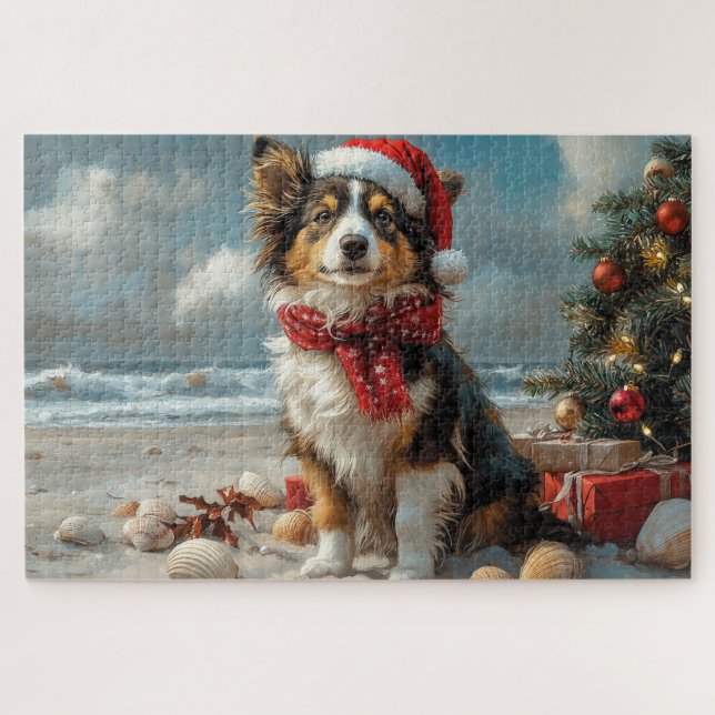 Rough Collie Dog Christmas Vintage Beach  Jigsaw Puzzle (Horizontal)