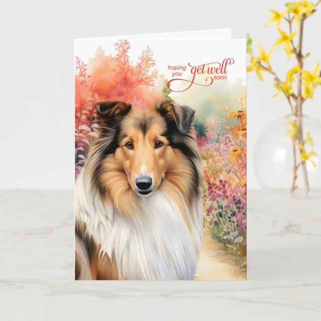 Rough Collie Dog Colorful Garden Path Get Well Card (Yellow Flower)