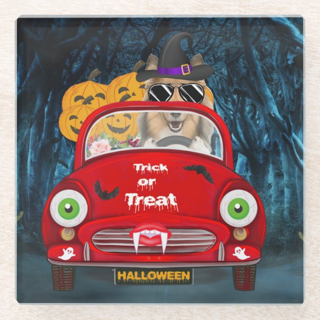 Rough Collie Dog Driving Car Scary Halloween Glass Coaster (Front)
