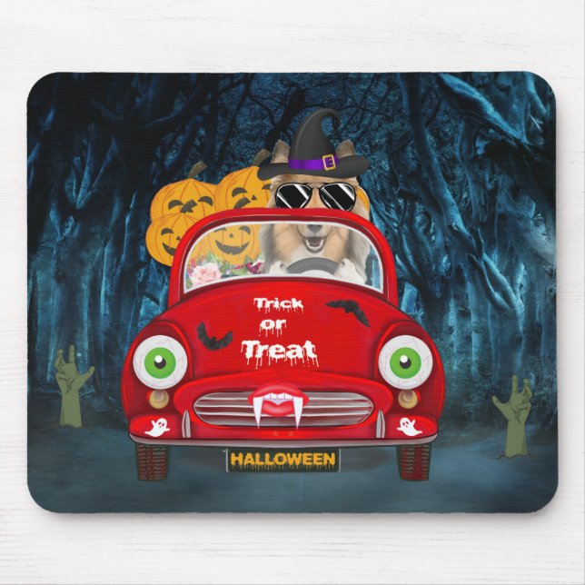 Rough Collie Dog Driving Car Scary Halloween Mouse Pad (Front)