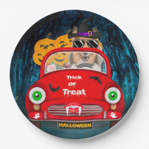 Rough Collie Dog Driving Car Scary Halloween Paper Plate