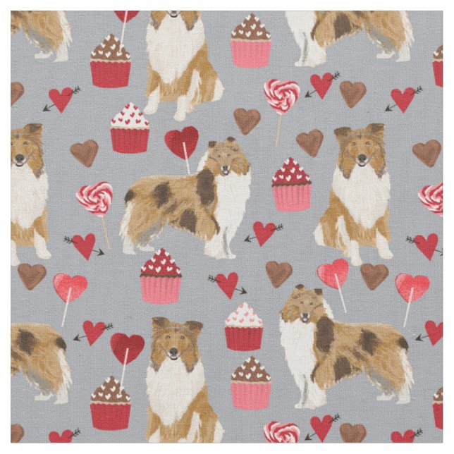 rough collie dog grey cupcakes and hearts fabric (Close Up)