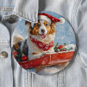 Rough Collie Dog in Sledge Let it Snow Christmas 6 Cm Round Badge