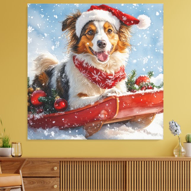 Rough Collie Dog in Sledge Let it Snow Christmas Canvas Print (Insitu(LivingRoom))