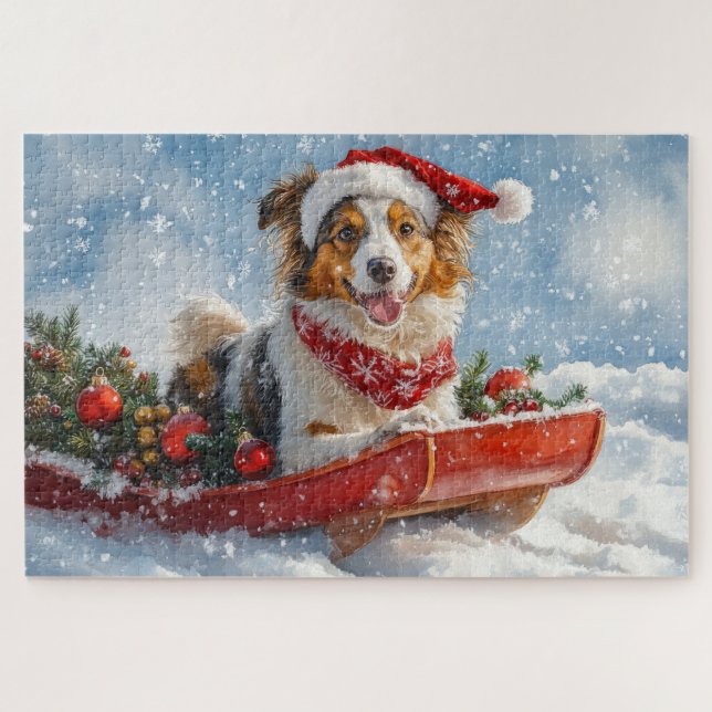 Rough Collie Dog in Sledge Let it Snow Christmas Jigsaw Puzzle (Horizontal)