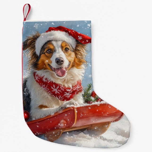 Rough Collie Dog in Sledge Let it Snow Christmas Small Christmas Stocking (Front)