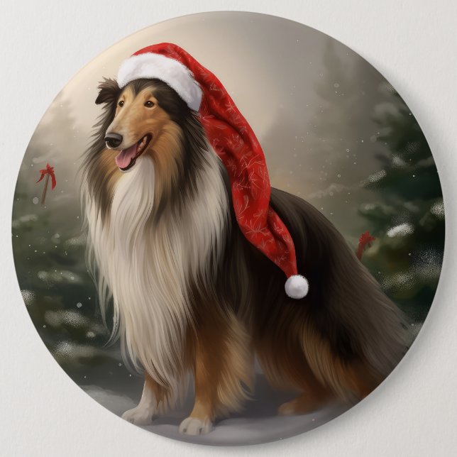 Rough Collie Dog in Snow Christmas 6 Cm Round Badge (Front)