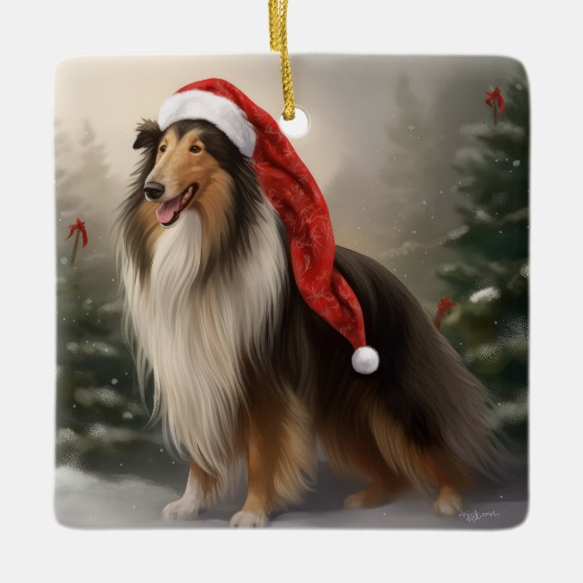 Rough Collie Dog in Snow Christmas Ceramic Ornament (Front)