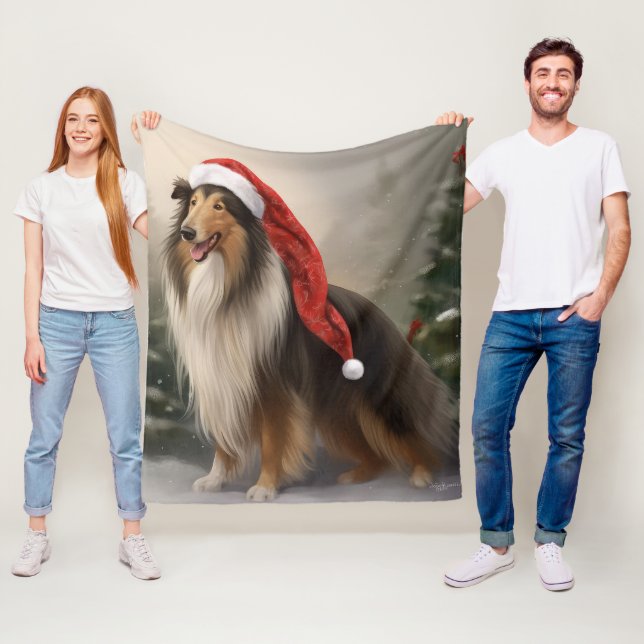 Rough Collie Dog in Snow Christmas Fleece Blanket (In Situ)