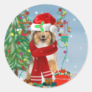 Rough Collie Dog in Snow Christmas Gift   Classic Round Sticker