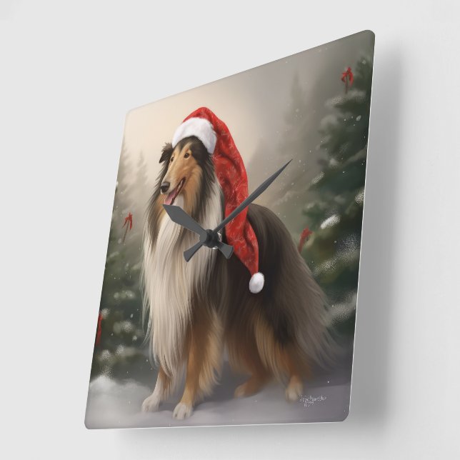 Rough Collie Dog in Snow Christmas Square Wall Clock (Angle)