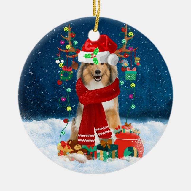 Rough Collie Dog in Snow with Christmas Gifts  Ceramic Tree Decoration (Front)