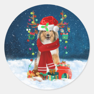 Rough Collie Dog in Snow with Christmas Gifts Classic Round Sticker
