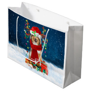 Rough Collie Dog in Snow with Christmas Gifts Large Gift Bag