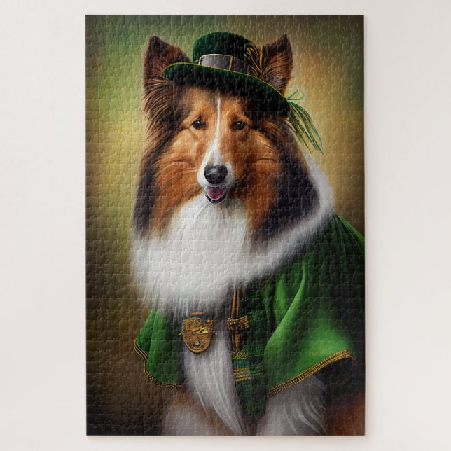 Rough Collie Dog in St. Patrick's Day Dress Jigsaw Puzzle (Vertical)