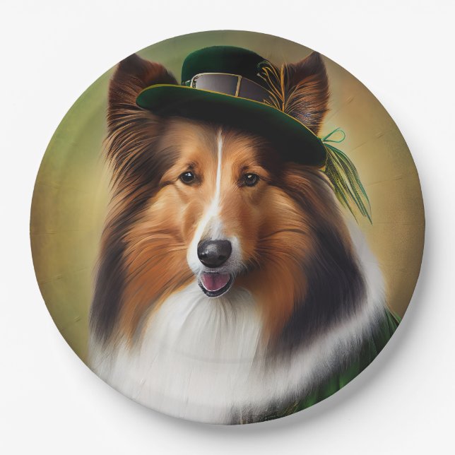 Rough Collie Dog in St. Patrick's Day Dress Paper Plate (Front)
