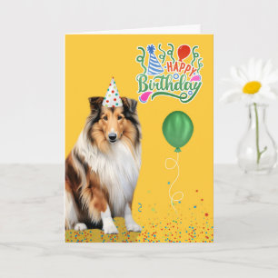Rough Collie Dog Party Hat Yellow Birthday Card