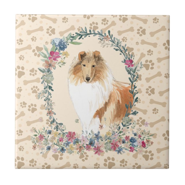 Rough Collie Dog Paw Print Floral Cute Beige Tile (Front)