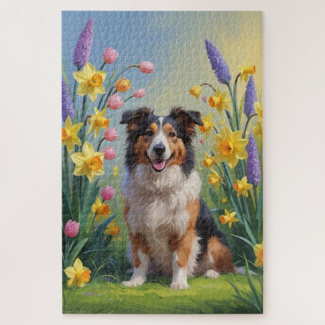 Rough Collie Dog Spring Flowers Painting Jigsaw Puzzle (Vertical)