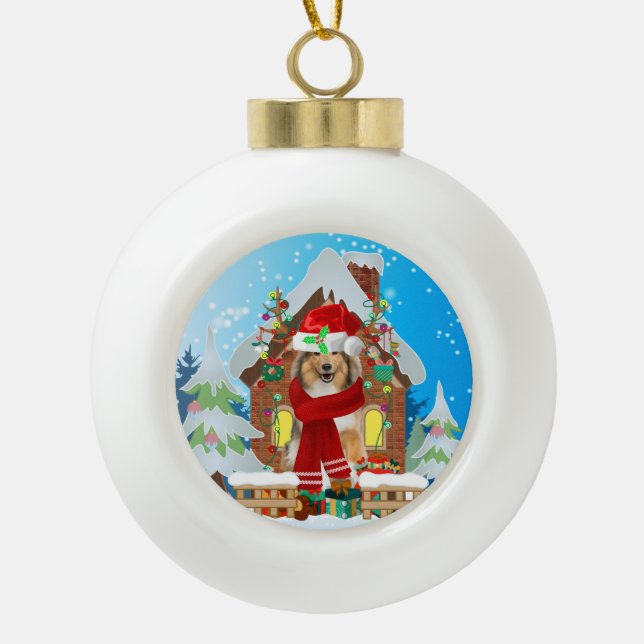 Rough Collie dog with Christmas gifts Ceramic Ball Christmas Ornament (Front)