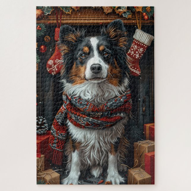 Rough Collie Dog With Christmas Gifts Fireplace Jigsaw Puzzle (Vertical)