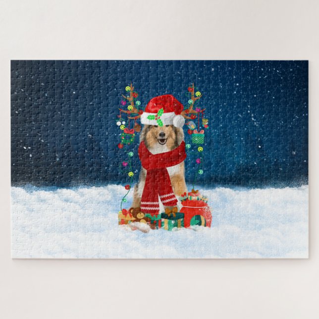 Rough Collie dog with Christmas gifts Jigsaw Puzzle (Horizontal)