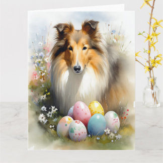 Rough Collie Dog with Easter Eggs Holiday Card