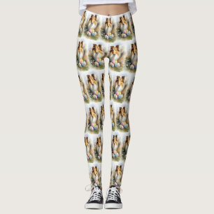 Rough Collie Dog with Easter Eggs Holiday  Leggings